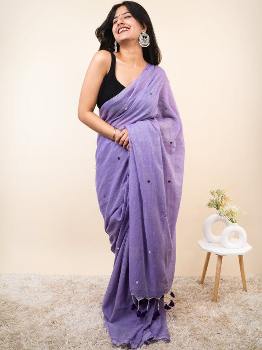 Lavender Cotton Blend Mirror Work Saree