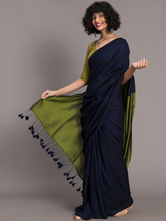 Navy Blue & Olive Khadi Cotton Blend Saree