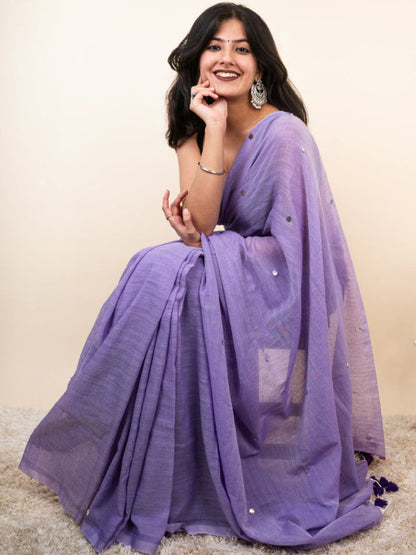 Lavender Cotton Blend Mirror Work Saree