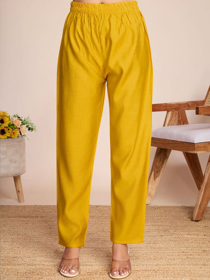 Mustard Yellow Chanderi Silk Embroidered Kurta with Trousers and Printed Dupatta