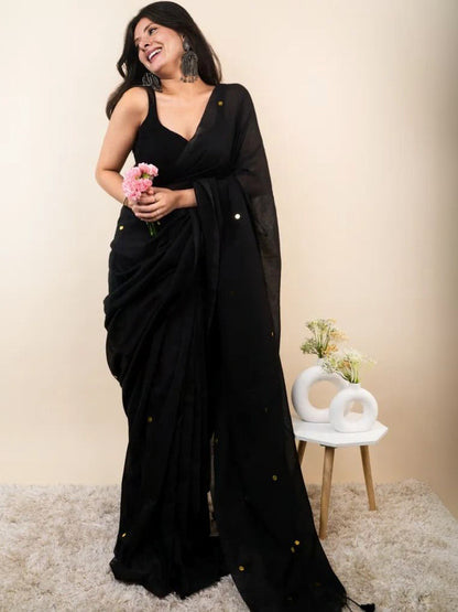 Black Cotton Blend Embellished Saree
