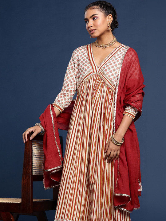 Red & White Cotton Blend Printed Kurta Set with Straight Pants & Dupatta