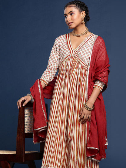 Red & White Cotton Blend Printed Kurta Set with Straight Pants & Dupatta