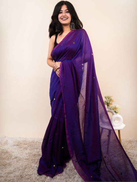 Royal Purple Cotton Blend Embellished Sequined Saree