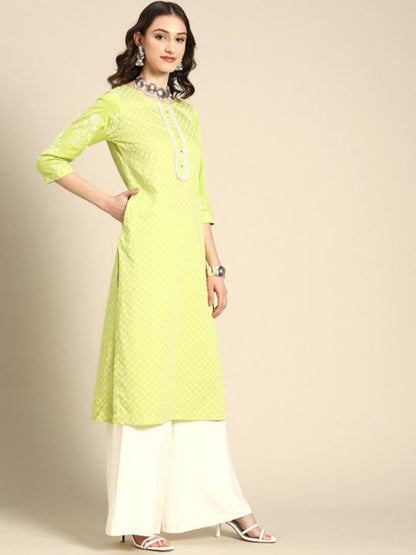 Lime Green Printed Viscose Rayon Round Neck Kurta