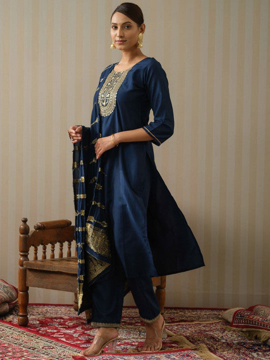 Navy Blue Art Silk Embroidered Kurta with Trousers & Dupatta