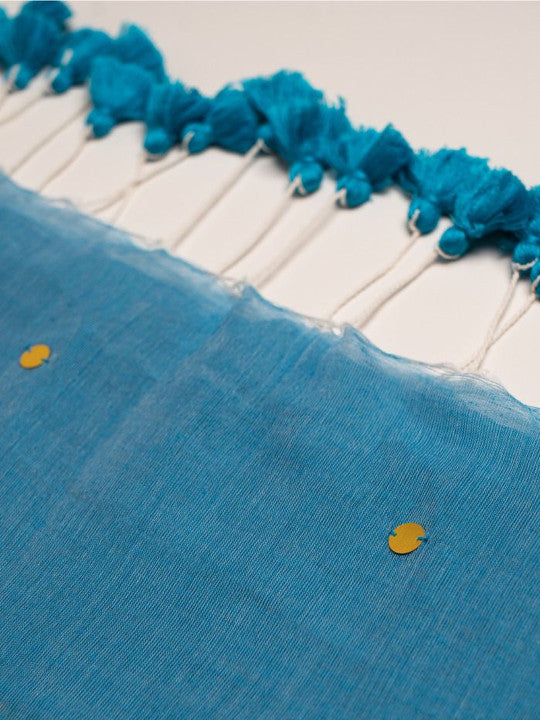 Sky Blue Cotton Blend Mirror Work Saree