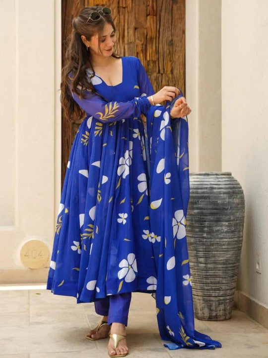 Royal Blue Viscose Rayon Floral Printed Anarkali Kurta with Trousers & Dupatta