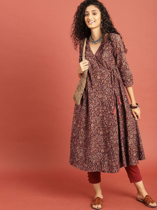 Maroon Cotton Blend Printed V Neck Kurta
