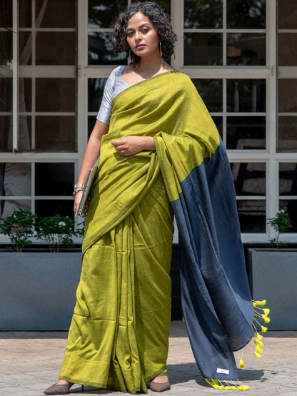 Olive Green Cotton Blend Saree
