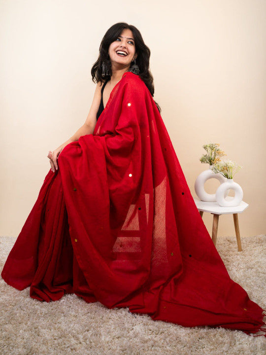 Red Cotton Blend Mirror Work Saree