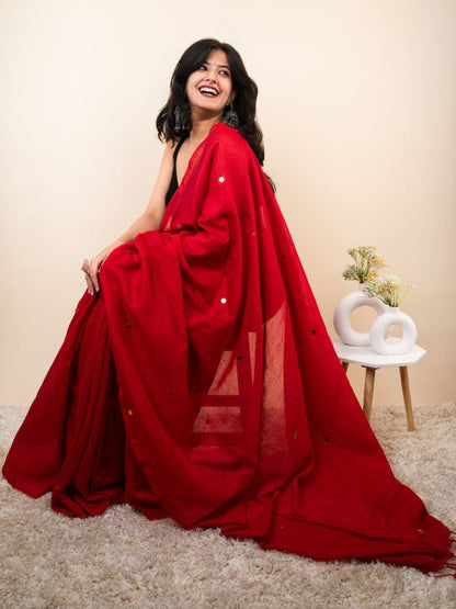 Red Cotton Blend Mirror Work Saree