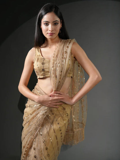 Golden Sequin Embellished Georgette Saree