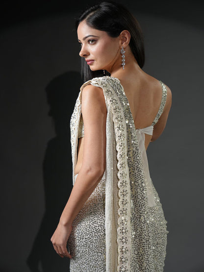 Ivory Sequin Embellished Georgette Ready-to-Wear Saree