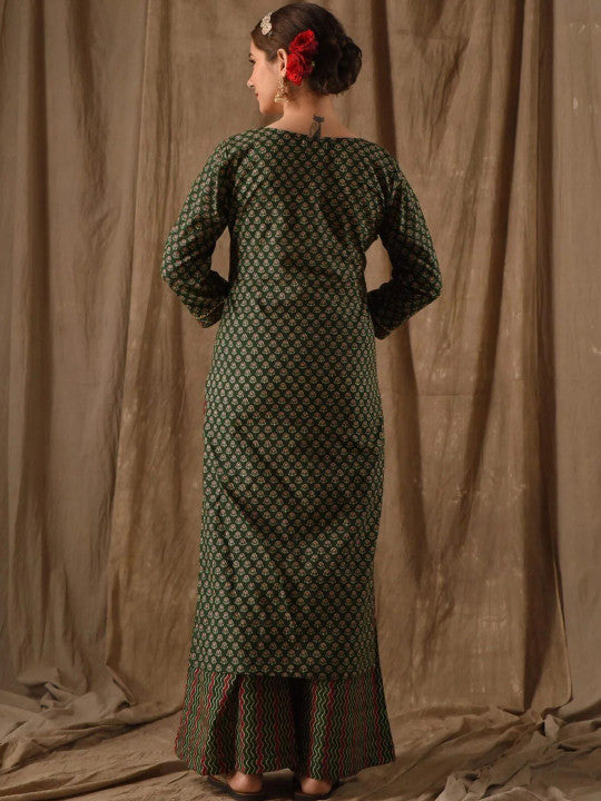 Green Viscose Rayon Printed Kurta with Flared Palazzo & Dupatta