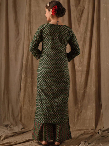Green Viscose Rayon Printed Kurta with Flared Palazzo & Dupatta