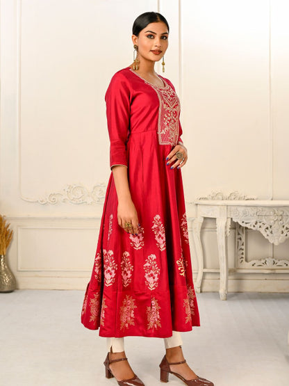 Red Pure Cotton Embroidered Round Neck Anarkali Kurta