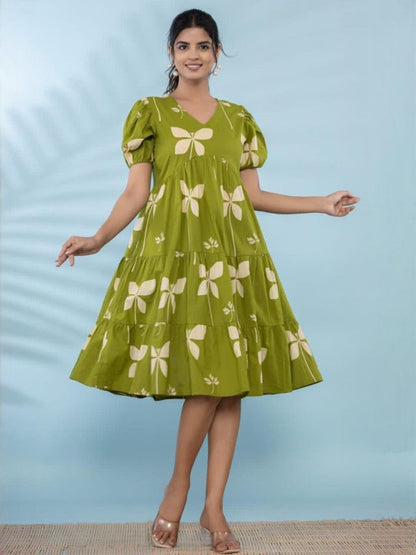 Olive Green Floral Printed Dress