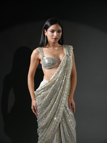 Ivory Sequin Embellished Georgette Ready-to-Wear Saree