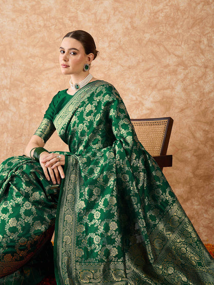 Emerald Green Woven Zari Art Silk Banarasi Saree