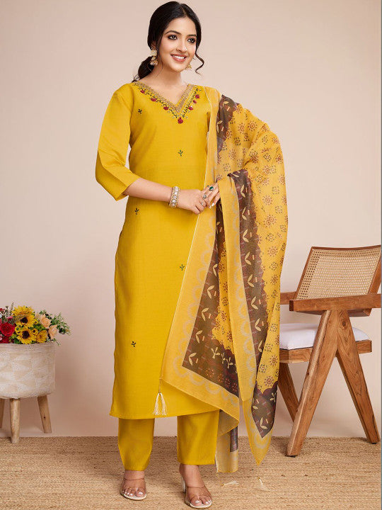 Mustard Yellow Chanderi Silk Embroidered Kurta with Trousers and Printed Dupatta