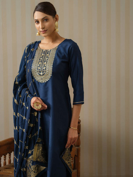 Navy Blue Art Silk Embroidered Kurta with Trousers & Dupatta