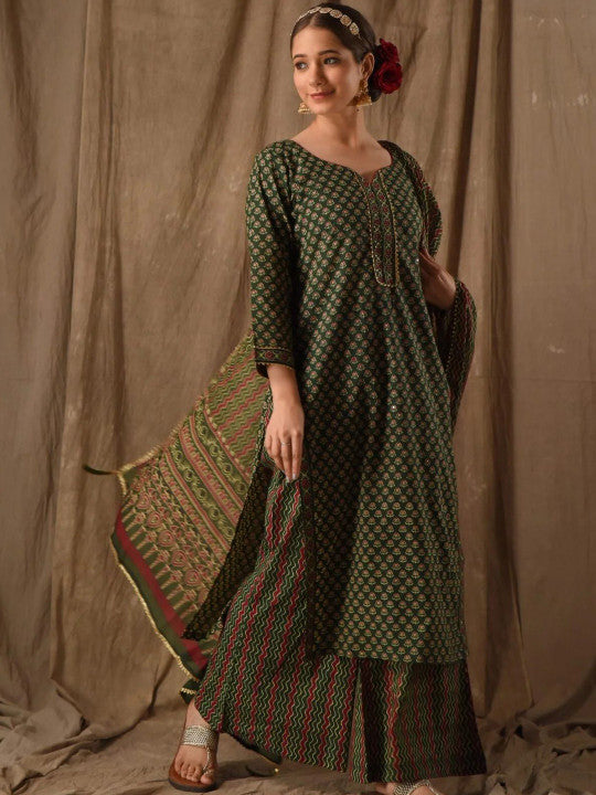Green Viscose Rayon Printed Kurta with Flared Palazzo & Dupatta