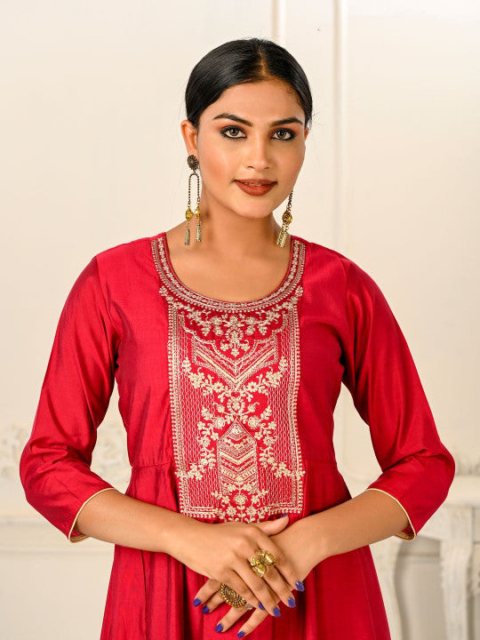 Red Pure Cotton Embroidered Round Neck Anarkali Kurta