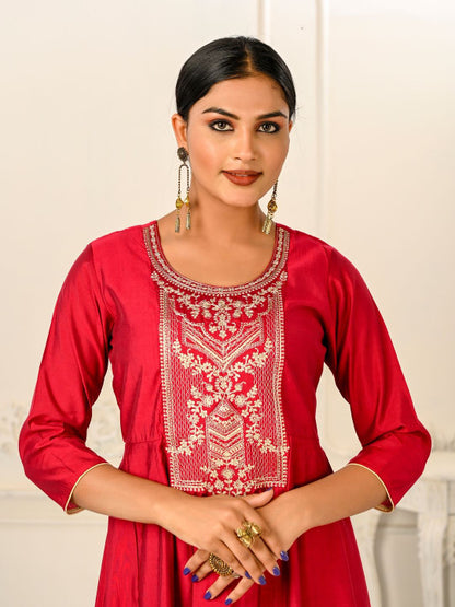Red Pure Cotton Embroidered Round Neck Anarkali Kurta