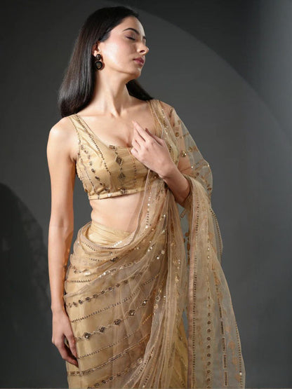 Golden Sequin Embellished Georgette Saree