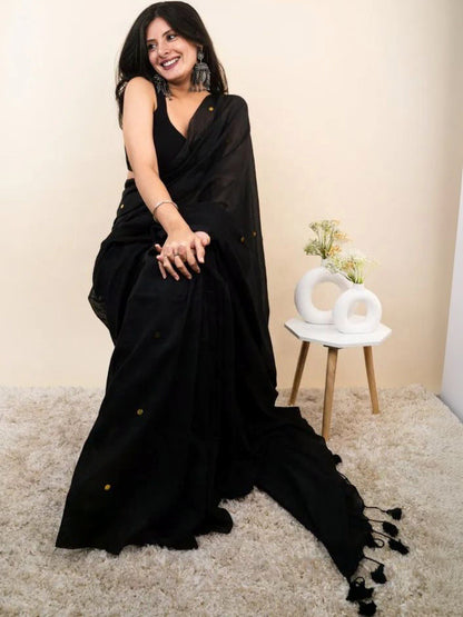 Black Cotton Blend Embellished Saree