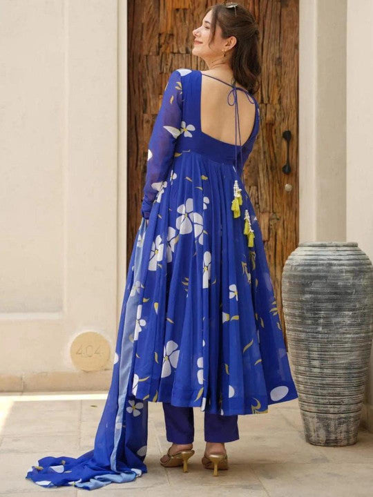 Royal Blue Viscose Rayon Floral Printed Anarkali Kurta with Trousers & Dupatta