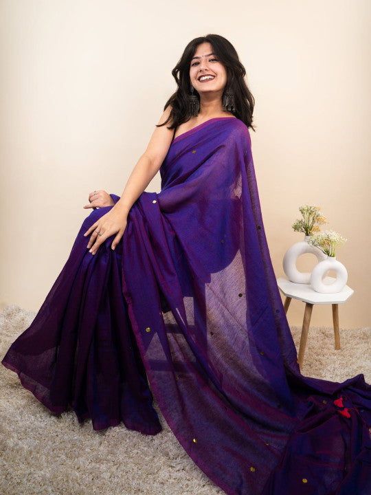 Royal Purple Cotton Blend Embellished Sequined Saree