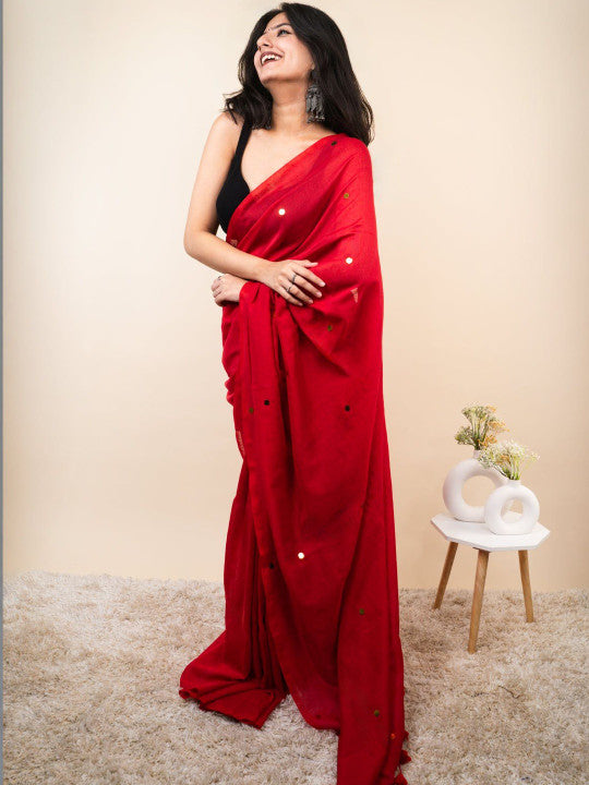 Red Cotton Blend Mirror Work Saree