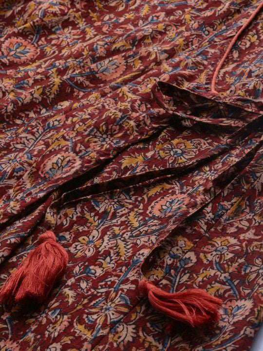 Maroon Cotton Blend Printed V Neck Kurta