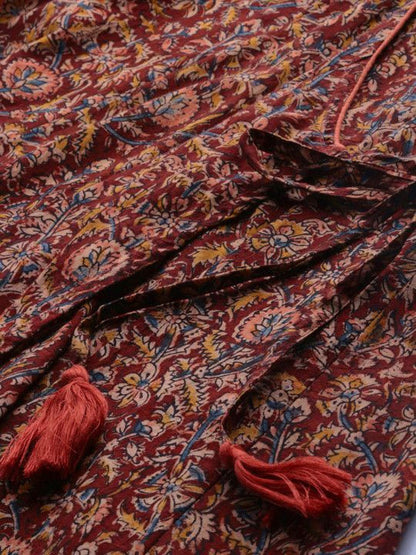 Maroon Cotton Blend Printed V Neck Kurta
