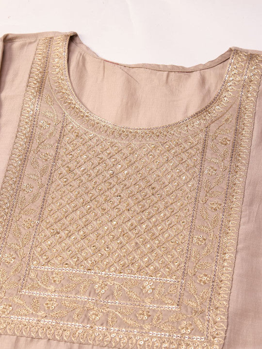 Beige Art Silk Embroidered Kurta with Trousers & Dupatta
