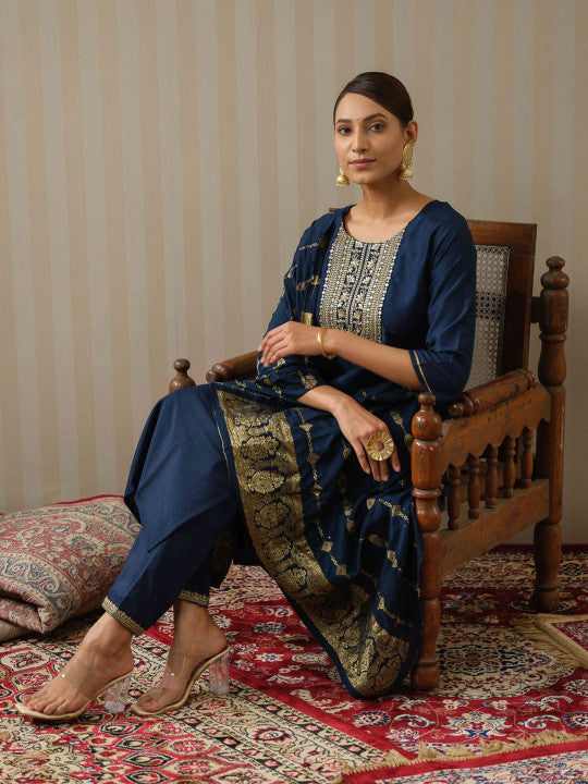Navy Blue Art Silk Embroidered Kurta with Trousers & Dupatta