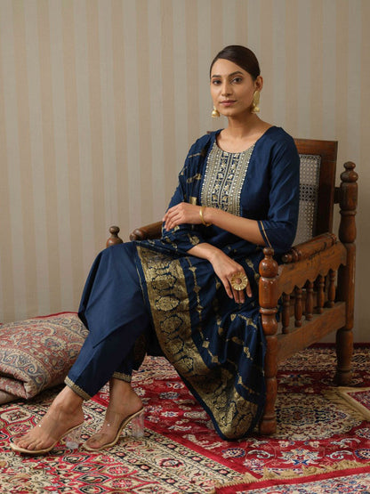 Navy Blue Art Silk Embroidered Kurta with Trousers & Dupatta