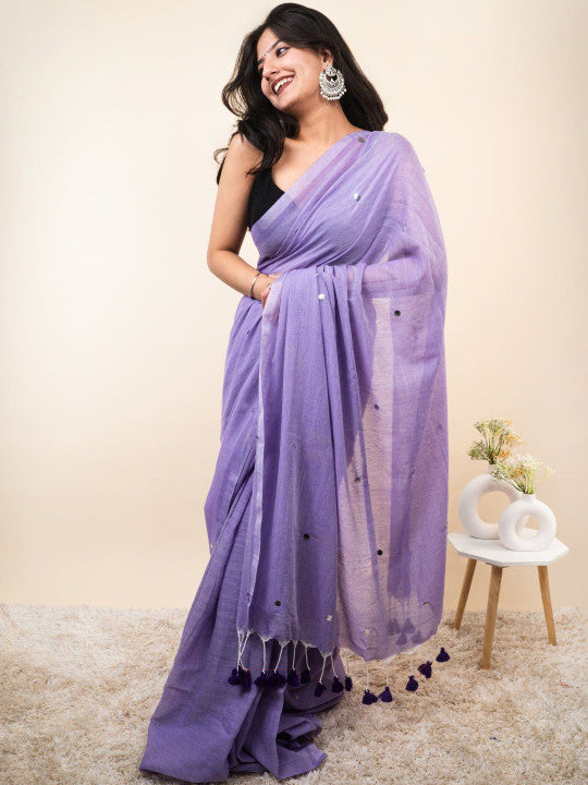 Lavender Cotton Blend Mirror Work Saree