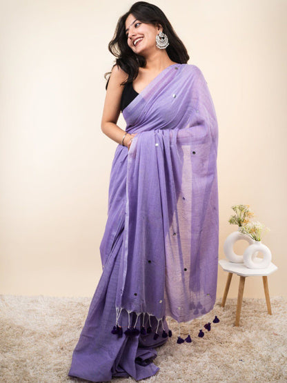 Lavender Cotton Blend Mirror Work Saree
