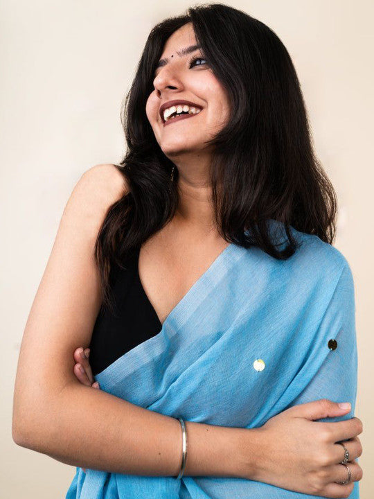 Sky Blue Cotton Blend Mirror Work Saree