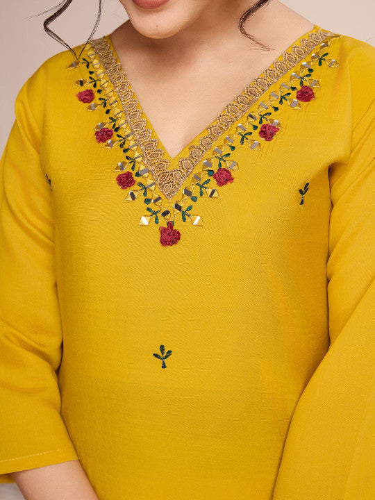 Mustard Yellow Chanderi Silk Embroidered Kurta with Trousers and Printed Dupatta