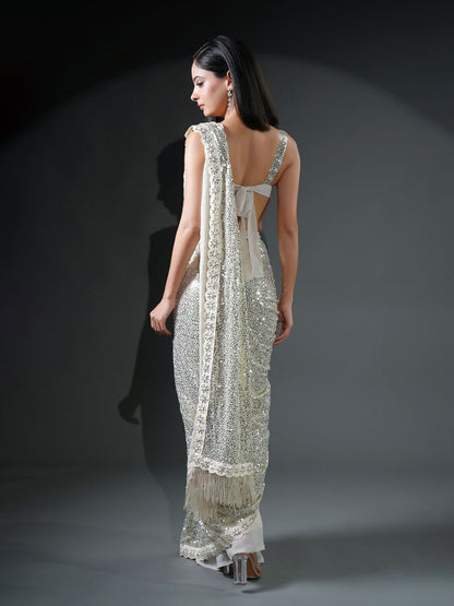 Ivory Sequin Embellished Georgette Ready-to-Wear Saree