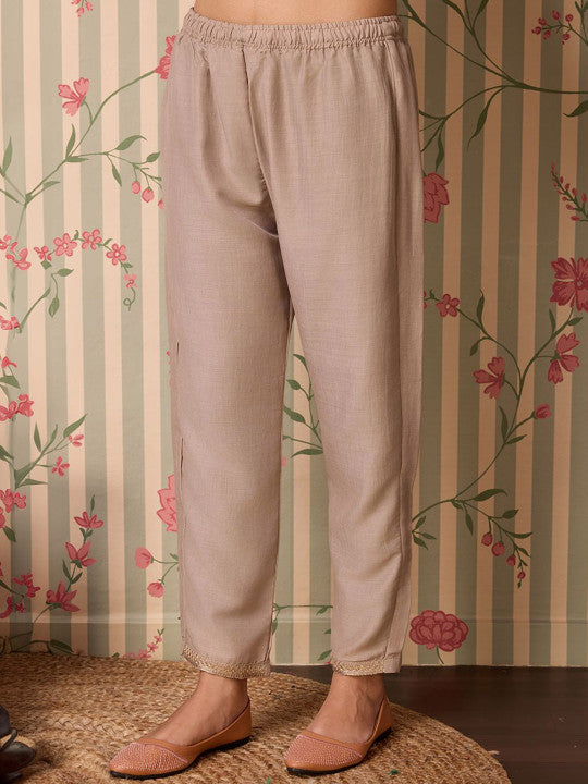 Beige Art Silk Embroidered Kurta with Trousers & Dupatta