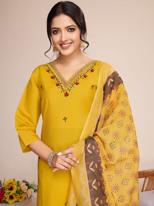 Mustard Yellow Chanderi Silk Embroidered Kurta with Trousers and Printed Dupatta