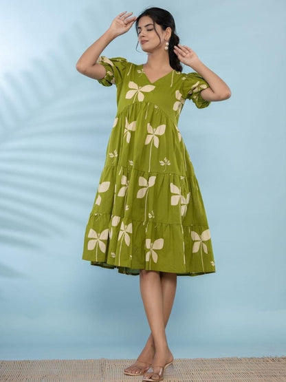 Olive Green Floral Printed Dress