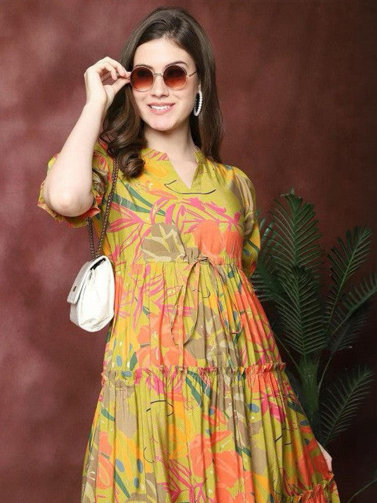Multicolor Floral Printed Viscose Rayon & Cotton Midi Dress