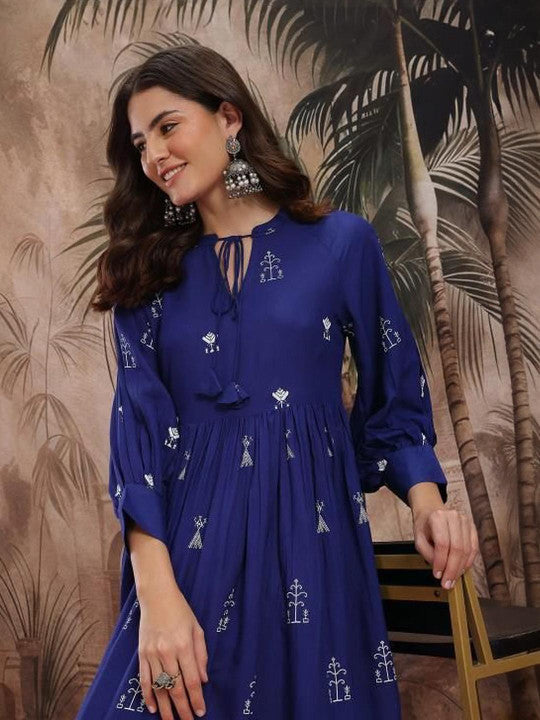 Blue Ethnic Printed Cotton Midi Dress