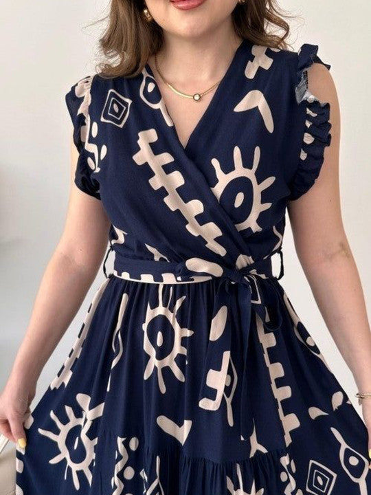 Blue Tribal Print Flutter Sleeve Maxi Dress
